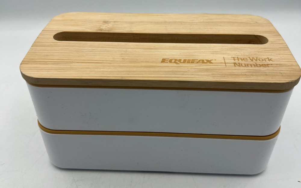 Equifax The Work Number Bento Lunch Box 2 Tier Bamboo Lid Spoon Strap Promo